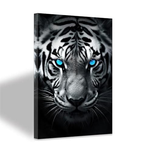 Toile tigre aux yeux bleus 40x60 cm tableau noir et blanc encadré