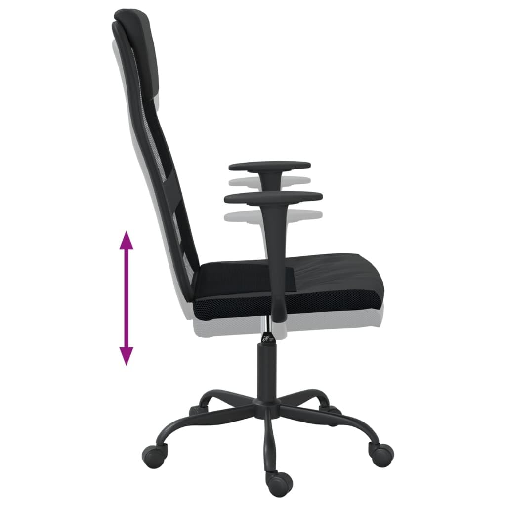 Chaise de bureau réglable en hauteur noire avec tissu en maille et cuir synthétique, chaise pivotante ergonomique avec accoudoirs, appui-tête, soutien lombaire, respirante et résistante pour
