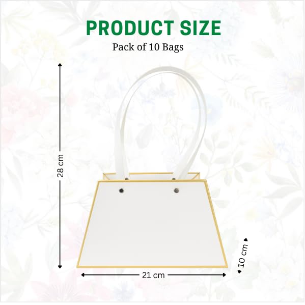 Image of Oasis Pack of 10 Flower Bouquet Gift Bags with Handles | Valentine's Day Gifting Bags for Her & Him | Goodie Bags for Wedding Return Gifts, Birthday, Bridal & Baby Shower | 13x13x10 cm | Gold & White
