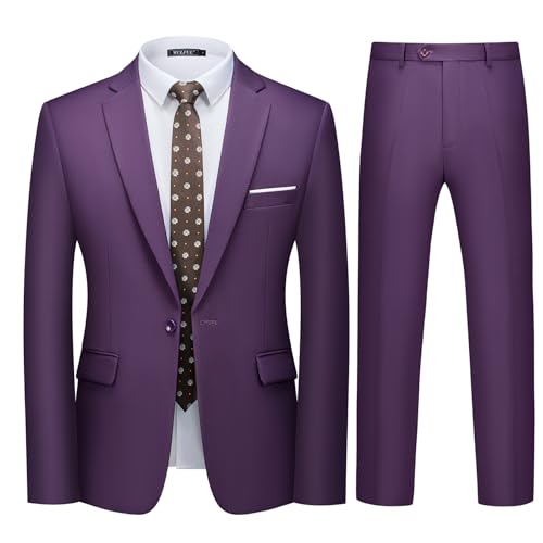 WULFUL Mens 2 Piece Slim Fit Suit Set One Button Blazer Jacket Pants Tuxedo Set for Party Wedding and Business Purple