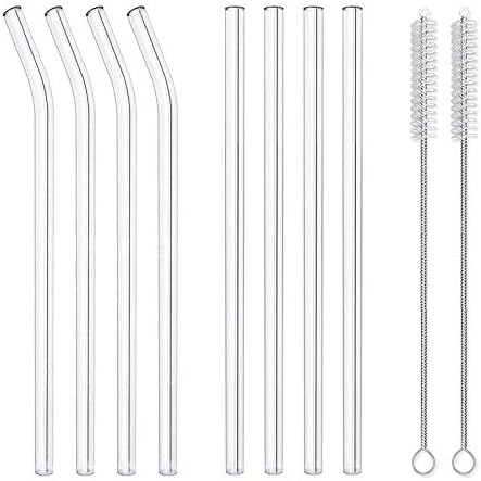 8 Pack Reusable Glass Drinking Straws - 10" x 10 mm - Smoothie Straws for Milkshakes, Frozen Drinks, Smoothies, Bubble Tea - Environmentally Friendly