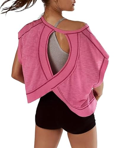 COWOKA Camiseta deportiva de manga corta con espalda abierta para mujer, para yoga, Y2K, para correr, Rosado, M