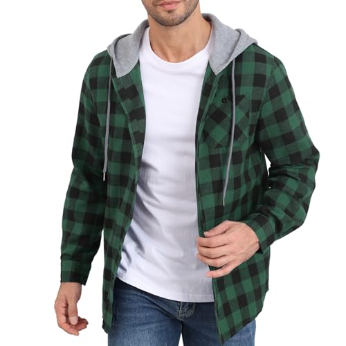 CTU Mens Sweatshirt Hoodies Lightweight Checked Jacket Button Down Long Sleeve Shirt With Pocket Green XL