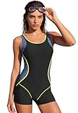 Zando Boy Shorts Swimsuits for Women One Piece Boyleg Bathing Suit for Women Tummy Control Athletic Racerback Swimsuits 2026 Chlorine Resistant Swim Suits for Aqua Fitness Black Grey Splicing 6-8