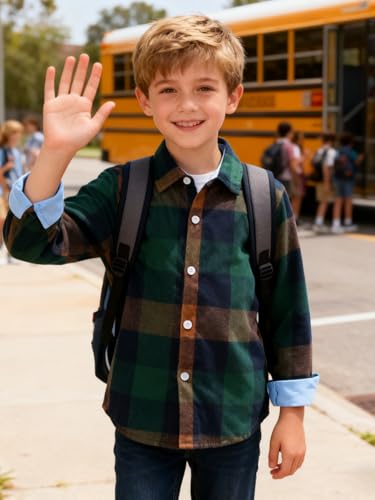 Image of Size 5-10 Years Boys' Long Sleeve Buffalo Plaid Button-Down Shirt Fall Thin Outfits Kids Clothes