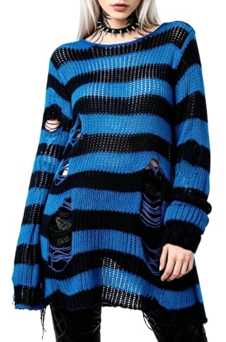 Gothic Punk Sweater Dress Striped Hollow Out Grunge Y2k Distressed Top