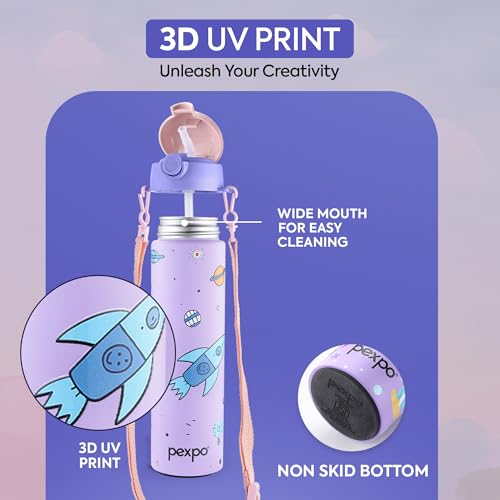 Image of Go24 pexpo Sporty ISI Certified Stainless Steel Water Bottle For School Kids - 700ml (Pack Of 2) | 6+ Years | Sipper Cap | Leakproof & BPA Free | Picnic, Travel, Sport - Purple Rocket UV Print