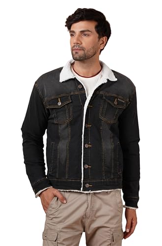 Image of Men's Winter Wear Faux Fur Denim Jacket | Stylish Denim Jacket For Men | Full Sleeve Faux Fur Lined Warm Jacket Dark Grey