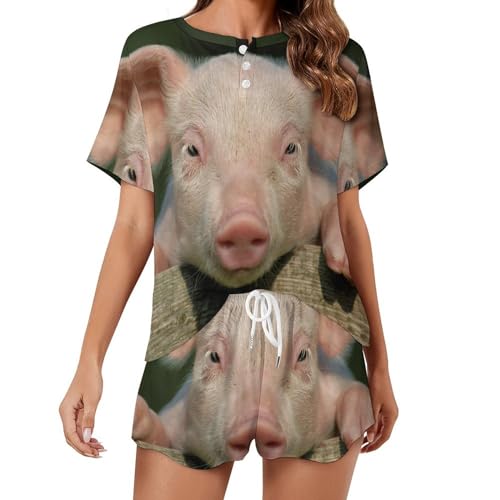 Vêtements de nuit ete sleepwear pyjama femme cochon mignon manches courtes
