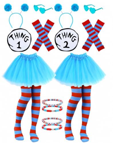 fulasiteu 14 Pcs Thing Costumes Accessories Set for Women, 2 Sets Blue Tulle Tutu Skirt Striped Socks with Iron-On Patches and Glasses for Halloween Party Supplies
