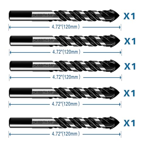 5-Piece 5/8“ Masonry Drill Bits for Tile Glass Ceramic Wall Brick Stone Soft-Metal Wood, 5/8 Inch Concrete Drill Bits Cement Drill Bit Set, 3-Flat Shank, YG8 Carbide Tungsten Steel Alloy Tip 16mm