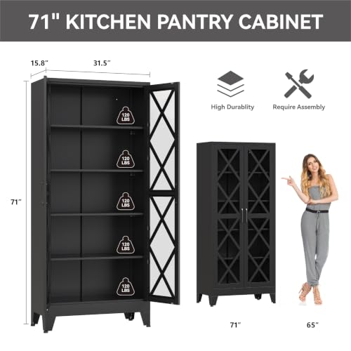 Image of 71 inch Tall Display Cabinet with Glass Doors, Farmhouse Metal Storage Glass Cabinet with 4 Adjustable Shelves, Black Vintage Tall Storage Cabinet for Collectibles,Curio, Books, Chinaware, Figures