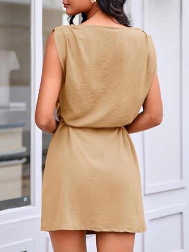 Image of Wenrine Womens 2026 Summer Mini Dress Casual Sleeveless Tie Waist Loose Ruched Beach Vacation Short Sundresses