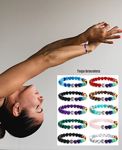 Bomail 10Pcs Tree Of Life Healing Crystals Bracelet - 7 Chakra Semi Precious Stones Beaded Bracelets Yoga Stress Relief Reiki Stretch Bracelets For Women Men #TOP5