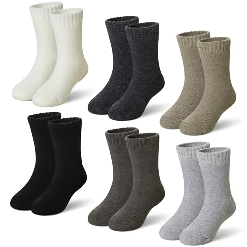 Eyean Kids Merino Wool Socks Boys Girls Thermal Winter Hiking Warm Thick Boot Cozy Toddler Crew Socks 6 Pairs (4-7 Years Solid Color)