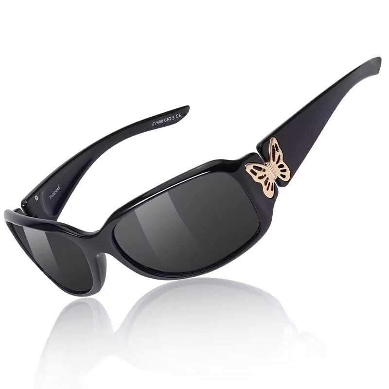 TJUTR Polarized Sunglasses for Women with Wrap Around Butterfly Design, Trendy Jackie-O Style for UV400 Protection