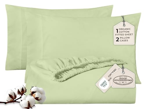 Image of Royale Linen Fitted Sheet With Pillowcases - Queen Fitted Sheets With 2 Pillowcase - 300 Thread Count 100% Organic Cotton - Fit Mattress Up to 18 inch Deep - Soft & Breathable - Sage Green (No Flat Sheet)
