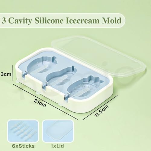 Image of 3 Fruit Shape Cavity Non-Stick Silicone Ice Cream Mould with Lid & 6 Plastic Sticks Reusable Ice Lolly, Frozen Candy, Kulfi Molds, BPA-Free Stackable DIY Icecream Popsicle Maker (Multicolor)