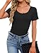 Womens Short Sleeve Shirts Stretchy Henley T Shirts Summer Tops 2026 Scoop Neck Casual Ribbed Knit Fitted Casual Basic Top T-Shirts Black L