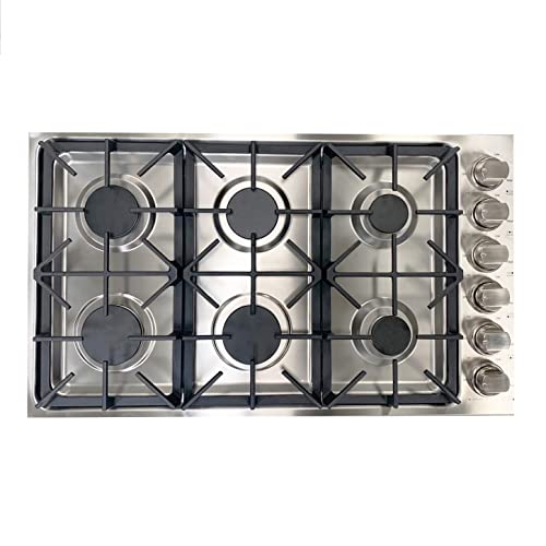 CROWN Professional 36" 6 Burner Drop-In Stainless Steel Gas Cooktop LGC3601 with 72,000 BTUs of Cooking Power with Automatic Electric Ignition and Wok Ring for Effortless and Versatile Meal Options