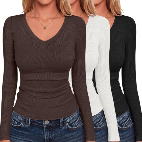 Zeagoo Fall Tops for Women 3 Pack Long Sleeve T-Shirts Ribbed V Neck Basic Shirt Fitted Underscrubs Layer Casual Tees