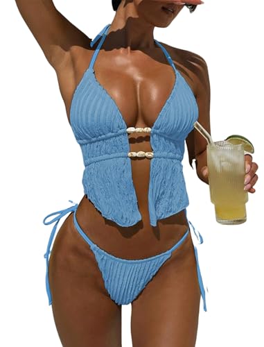 ZAFUL Halter Bikini Sets for Women Textured Backless Two Piece Swimsuit Cheeky High Cut String Tie Side Bathing Suits 0-Baby Blue S