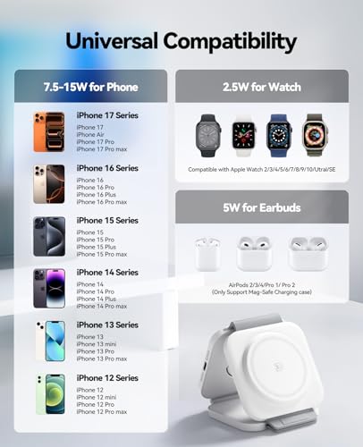 Image of 3 in 1 Charging Station for Apple Multiple Devices, Foldable Magnetic Fast Wireless Charger Dock, Travel Charging Pad for iPhone 17 16 15 14 13 12 Pro Max Plus Apple Watch Series & AirPods 4 /3 /2 /Pro