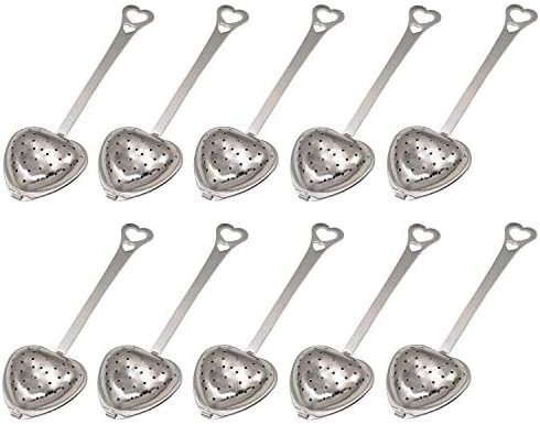10Pcs Tea Strainers for Loose Tea - Heart Shaped Tea Filter Set Long Spoon Stainless Steel Tea Infusers for Loose Tea Strainer, Silver Loose Leaf Tea Steeper Mesh Strainer Tea Infuser Filter Spoon Set
