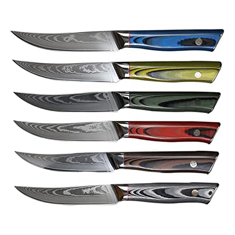 Fzkaly Steak Knives, Damascus Steak Knife Set of 6, Straight Edge Japanese Steak Knife, 5", with Gift Box, Ergonomic G10 Color Handle Cover