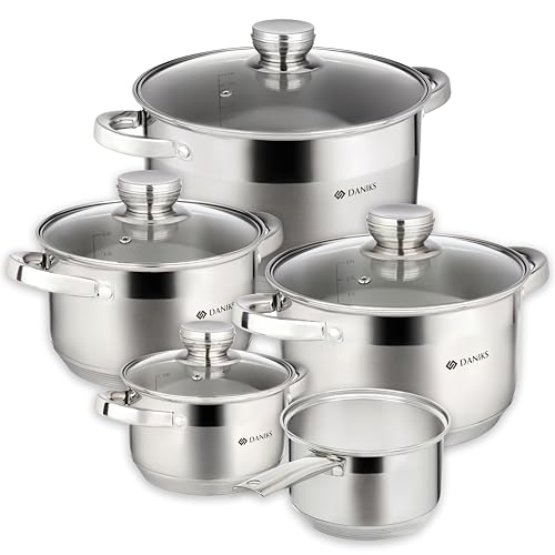 Daniks Standard 9 Piezas Juego de Ollas de Acero Inoxidable con Tapa de Vidrio | Olla Inducción | Escala de Medición | Plata