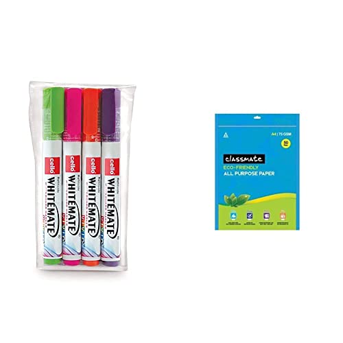 Image of Cello Whitemate Vivid Whiteboard Marker (4 Vivid Ink Colors - Orange, Magenta, Violet, Lime) | Stati & Classmate Multipurpose Paper Sheet Set, A4 Size, 75Gsm - 50 Sheets
