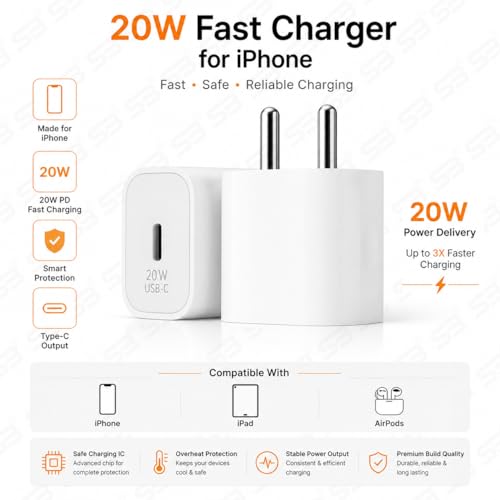 Image of SB 20W USB-C Fast Charger for iPhone, Power Delivery Wall Adapter, Type-C PD Charging Adapter Compatible with iPhone 14, 13, 12, 11, XR, iPad & AirPods