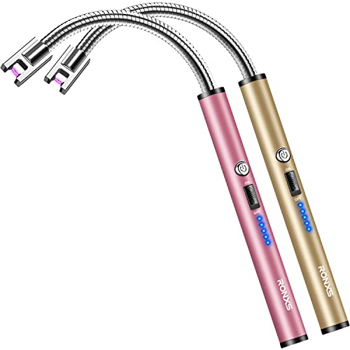 RONXS Lighter Electric Lighter Rechargeable Arc Type C Candle Lighters with LED Battery Display, Flexible Neck Windproof Flameless Plasma Long Lighters for Candle BBQ Camping (Pink&Gold)