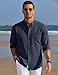 COOFANDY Mens Long Sleeve Button Up Shirts Collarless Linen Shirt Summer Summer Beach Vacation Shirt Navy Blue