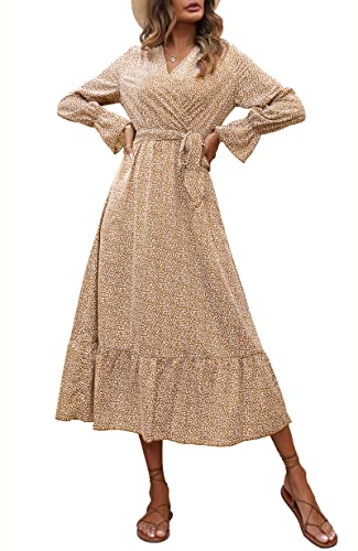 Kirundo Women's 2023 Summer Long Sleeve Wrap V Neck Leopard Print Dress High Waist Ruffle A Line Belt Flowy Maxi Dresses(Floral-Khaki, Small) #TOP15