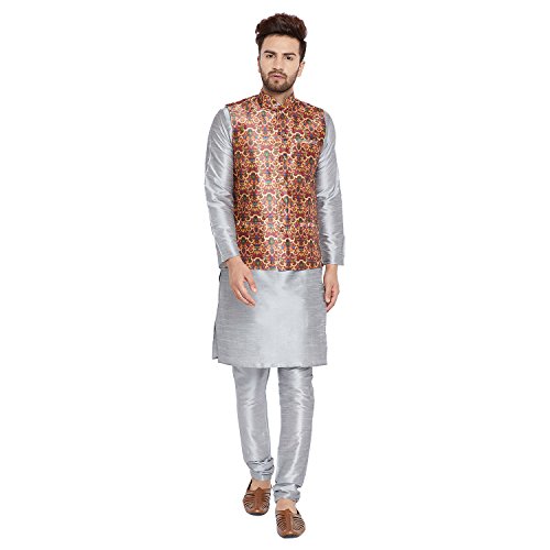 Image of SOJANYA (Since 1958, Men's Silk Grey Kurta Pyjama & Maroon Printed Nehru Jacket Set, Size: XXL(SJR-092-NJacket-Print-515-44)