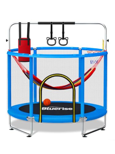 Image of BLUERISE 55IN 6FT Indoor /Outdoor Toddler Trampoline for Kids | Galvanized Steel Pipe,Multiple Activity Accessories,110lb,Safety Enclosure,Basketball Hoop,No-Gap Design,Anti-Rollover Bottom
