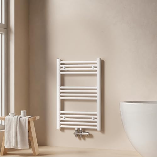 EMKE Badheizkörper 750x500 mm - Gerade Handtuchheizkörper mit Mittelanschluss, Effizienter Handtuchwärmer Handtuchtrockner Heizkörper für Bad, Weiß, 291W