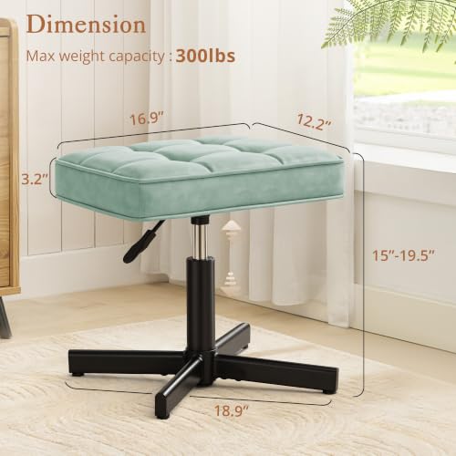 Image of LUE BONA Adjustable Vanity Stool, 15''-19.5'' Foot Rest Under Desk, 360 Swivel Vanity Chair for Makeup Room, Green Upholstered Faux Leather Ottoman for Bathroom & Living Room, 300lbs