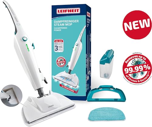Leifheit Dampfreiniger CleanTenso Power 2.0 mit heißem Wasserdampf gegen Bakterien, Dampfmop mit kurzer Aufheizzeit und 50min Wischdauer, Dampfbesen für Eckenreinigung, Dampfwischer in modernem Design