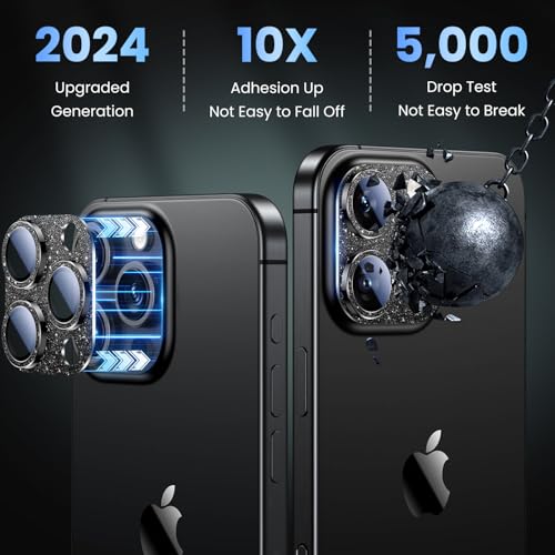 Image of Uyiton Compatible with iPhone 16 Pro /iPhone 16 Pro Max Camera Lens Protector - [Not Easy to Break][Strong Adsorption][Case-Friendly] Metal Tempered Glass Rear Camera Screen Cover - Glitter Black