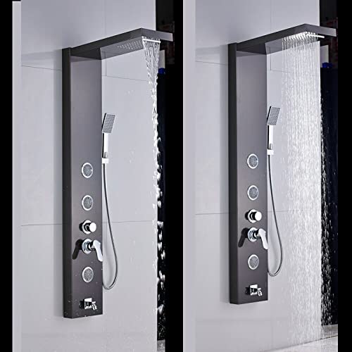 Panel de ducha de torre en acero inoxidable con sistema de lluvia y cascada, grifo de 5 funciones y masaje corporal con chorros miniatura 4
