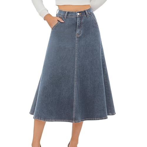 HUSKARY Women's Stretchy High Wasited A Line Long Maxi Jean Skirt Below Knee Length Flared Midi Denim Skirts with Pockets Large Retro Blue