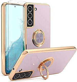 YIRSUR Case Compatible with Samsung Galaxy S22 5G with 2 Screen Protector, with Ring Holder Plating Rose Gold Edge 360° Kickstand Cover Slim Soft Flexible TPU Protective Phone Cases -Purple