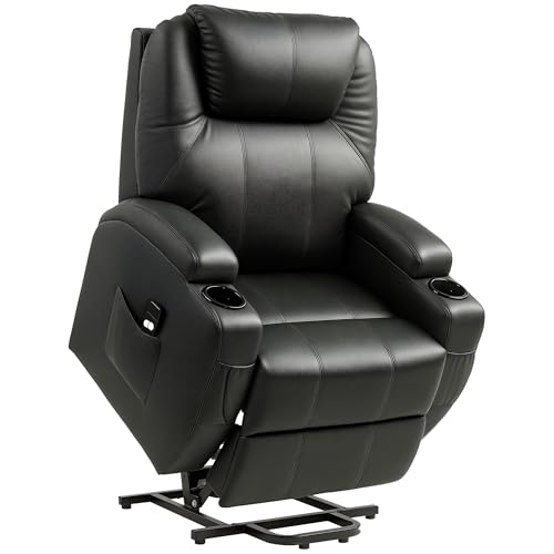 HOMCOM Fauteuil releveur électrique, Fauteuil Relax électrique en PU, Repose-Pied, Dossier inclinable, Port USB, télécommande, Porte-gobelets et Poches latérales,...
