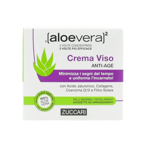 Zuccari ALOEVERA² Crema Viso Anti-Age, Vaso da 50ml, Con Aloe Vera, Acido Ialuronico, Collagene e Coenzima Q10, Nutre e Illumina la Pelle, Protezione Solare Integrata