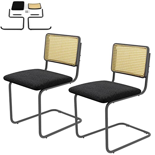 Juego de 2 sillas de comedor tapizadas de mediados de siglo con respaldo de ratán, marco de metal, sillas laterales voladizas para sala y comedor, sillas de cocina modernas con almohadillas