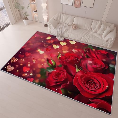 UUZEAI Alfombra de Noche para Dormitorio, diseño de Rosas Rojas, Suave, Antideslizante, Lavable, Grande, romántica, San Valentín, 3D, para Sala de Estar, Comedor, decoración, 200x300cm