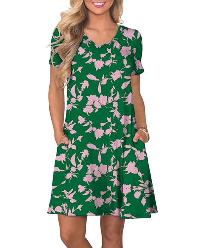 Image of COSSEN Women's Casual T Shirt Dress V-Neck Short Sleeves Swing Dresses Birthday Party Summer Travel Beach with Pocket
