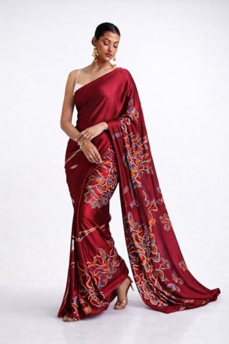 Image of Japan Satin Floral Print Saree for Women with Blouse Piece - Satin Finish Draped Saree
